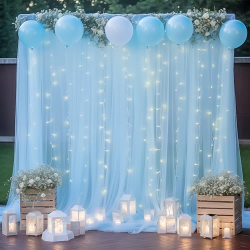 10ft x 8ft Blue Backdrop Curtain with Lights String for Parties, Sheer Tulle Wedding Photo Backdrops Drapes for Baby Shower Birthday Party Decorations Background for Photography by Shillance