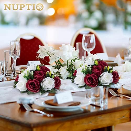 NUPTIO Flower Wedding Centrepieces for Tables - 6 Pcs 9.5in Diameter Burgundy & White Artificial Flowers Rose Ball for Centerpieces Table - Fake Rose Arrangements for Weddings Birthday Party Decor - Image 4