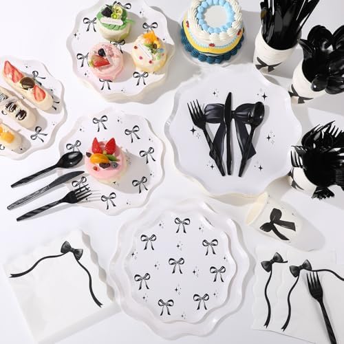 Ziliny 350 Pcs Bow Black Party Supplies Tableware Set Disposable 9'' 7'' Paper Plates 9 oz Cups Cutlery Napkins Dinnerware Set for 1st Birthday, Serve 50 (Bow, Black) - Image 4