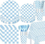 Funnymoom 452 Pcs Light Blue and White Gingham Party Supplies for 50, Blue Checkered Gingham Paper Plates Napkins Cups Tablecloth Cutlery Straws for Baby Shower Picnic Camping Birthday Decoration by Funnymoom