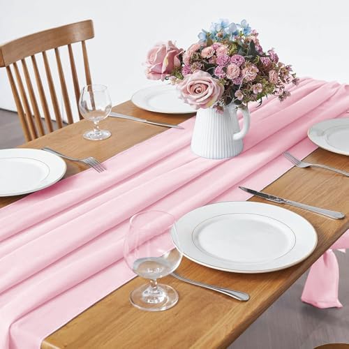 Pufogu 5 Pack 10Ft Light Pink Chiffon Table Runner Sheer 29x120 Inch - Image 2