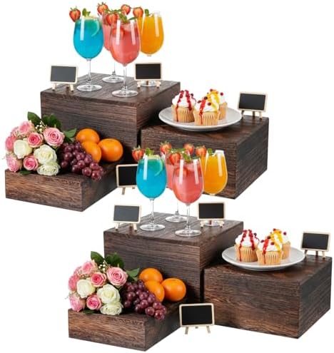 6 Pcs Vintage Brown Square Wooden Cake Stands, Rustic Wood Cake and Cupcake Stands, Table Wooden Stackable Display Stand Box for Catering Dessert Collectibles Jewelry Figures Show by Unknown