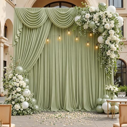 20ft x 10ft Sage Green Backdrop Curtains for Parties, 4 Panels 5ft x 10ft Wrinkle-Free Drapes for Wedding Backdrop Engagement Bridal Shower Boho Rustic Baby Shower Photo Background Curtain by Gewonelife