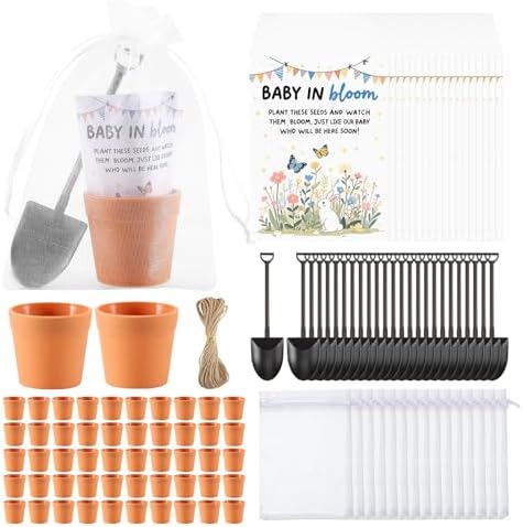 200 PCS Baby Shower Party Favor for Guests Include 50 Flower Seed Packets 50 Pots 50 Organza Bags 50 Garden Shovel for Baby Shower Birthday Party Favor, No Seeds by Unknown