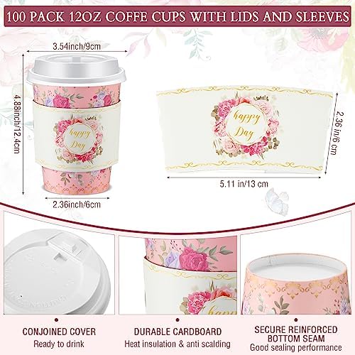 Remerry 100 Pcs 12oz Floral Disposable Coffee Cups with 100 Lids and 100 Sleeves Paper Insulated Drink Hot Coffee Paper Cups with Dome Lids and Sleeves for Parties Wedding Baby Shower(Retro) - Image 2