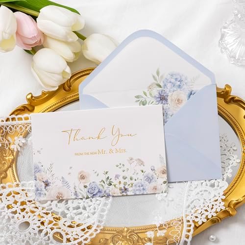 Crisky Blue Floral Wedding Thank You Cards with Envelopes & Stickers From Mr & Mrs, 100 Pack Gold Foil Eucalyptus Leaves Thank You Greeting Note Cards Bulk for Bridal Shower - Image 3