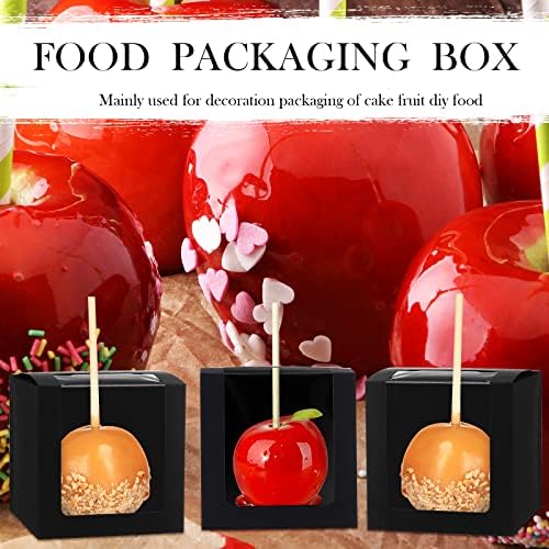 Yahenda 60 Pcs Kraft Candy Apple Boxes with Hole and Stick 4" x 4" x 4" Candied Apple Cake Cookies Chocolate Gift Boxes with Clear Window Caramel Apple Boxes for Wedding Baby Shower Party (Black) - Image 4