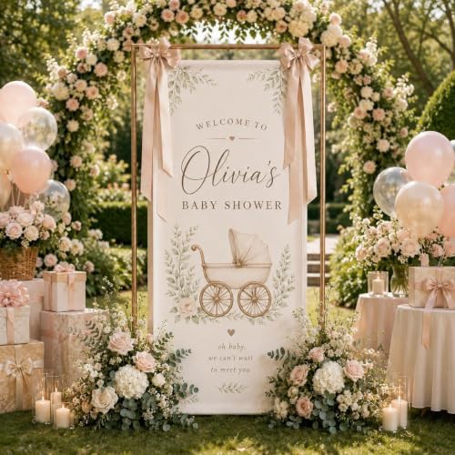 Oh Baby Vintage Stroller Floral Baby Shower Satin Fabric Welcome Banner by Custom