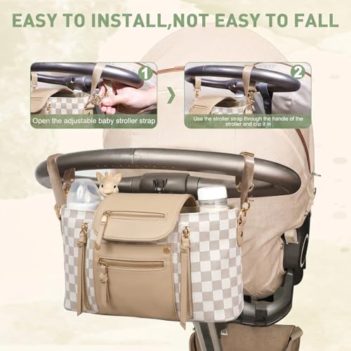 miss fong Checkered Stroller Caddy with Insulated Cup Holder Universal Stroller Organizer Bag Baby Storage Bag with Adjustable Strap, Fits for Baby Carriage like Uppababy, Baby Jogger, Umbrella - Image 5