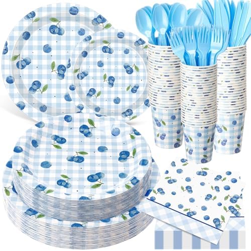 Funnymoom 400 Pcs Blueberry Birthday Party Supplies for 50 Guest Cute Fruit Checked Disposable Plates Napkin Cup Spoon Fork Knives for Birthday Baby Shower Anniversary Indoor Outdoor Party Supplies by Funnymoom