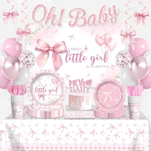 Yingoto 145 Pcs Pink Bow Baby Shower Decorations Tableware Set, Serves 20 by Unknown
