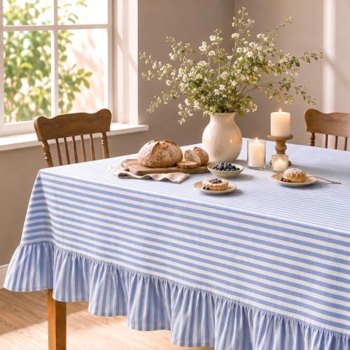Striped Ruffled Tablecloth 60x120 Inch Cotton Polyester Striped Tablecloth Rectangular Fits 8-10 Seater Table Farmhouse Vintage Table Cover for Home Kitchen Baby Shower Birthday Party Picnic (Blue) by partygreeting