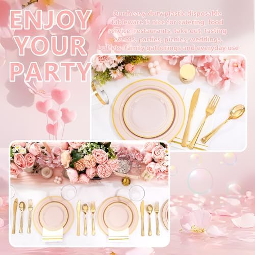 GATHER 350PCS Pink Plastic Plates with Gold Rim for Wedding Baby Shower - Image 6