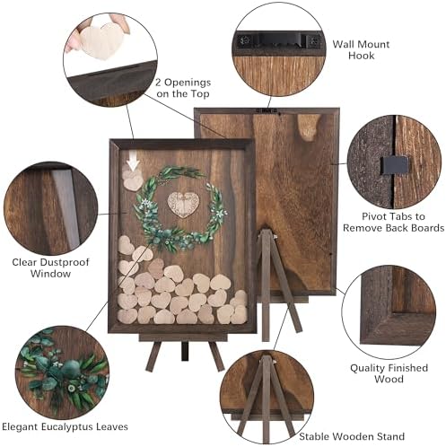 Aodaer Wedding Guest Book Alternative Drop Top Frame Heart Drop Wood Guest Book with Stand 122 Wooden Hearts Pens Box Mini Blackboard Rustic Wedding Decorations for Reception Baby Shower, Brown - Image 3