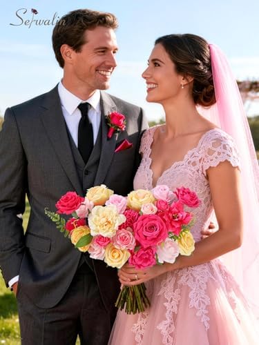 Serwalin Artificial Hot Pink Yellow Flowers Magenta Silk Flower for Wedding - Image 6