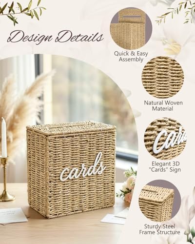 Wicker Wedding Card Box Basket with Slot, 10.2'' Hand-Woven Rattan - Image 4
