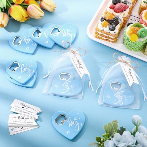Funnymoom 25 Sets Baby Shower Thank You Favors Heart Bottle Opener, Blue - Image 4