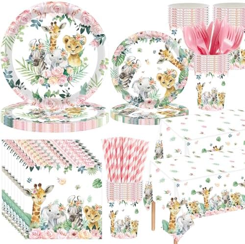 Funnymoom 452 Pcs Safari Birthday Party Supplies Include Jungle Theme Paper Plates Napkins Cups Tablecloth Cutlery Straws for Animal Safari Jungle Wild Birthday Baby Shower Party Decorations by Funnymoom