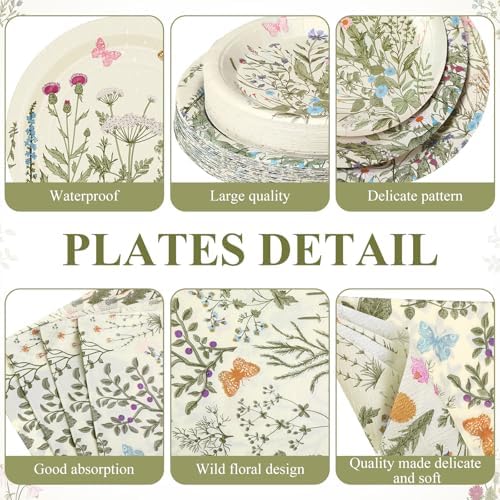 400 Pcs Wild Floral Disposable Paper Plates Napkins Cups Serve 50 Watercolor Floral Tableware Set for Spring Wedding Tea Party Decoration Bridal Baby Shower(Vintage Color, Classic Style) - Image 2