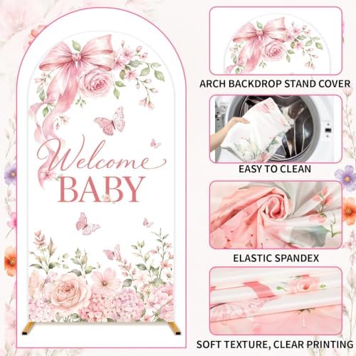 7.2ft Welcome Baby Pink Floral Arch Backdrop Covers Watercolor Butterfly Bow Stretchy Spandex Covers for Girl Baby Shower Gender Reveal Birthday Party Decorations - Image 3