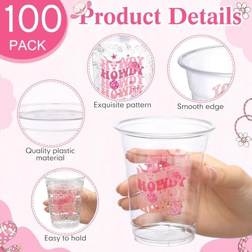 100 Pcs Pink Cowgirl Plastic Cups, 12 oz Howdy Western Disposable Drinking Cups Bulk for Last Rodeo Bachelorette Party Decorations, Nashville Disco Cowgirl Birthday Baby Shower Supplies - Image 3