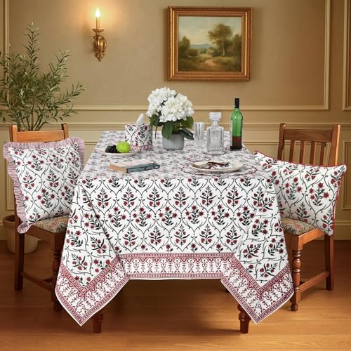 Ridhi Hand Block Print Ruby Red Rectangle Cotton Tablecloth 190" x 72" Reusable Table Cover Decorative Everyday Use for Dining, Farmhouse, Home Gift for Spring, Easter, Summer - Image 2