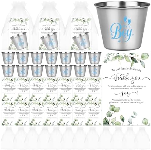 60 Sets Baby Shower Stainless Steel Shot Glasses for Guests It's a Boy Metal Shot Glasses with Thank You Card Organza Bag Baby Shower Favors Bulk for Gender Reveal Baby Arrival Party (Boy) by Unknown