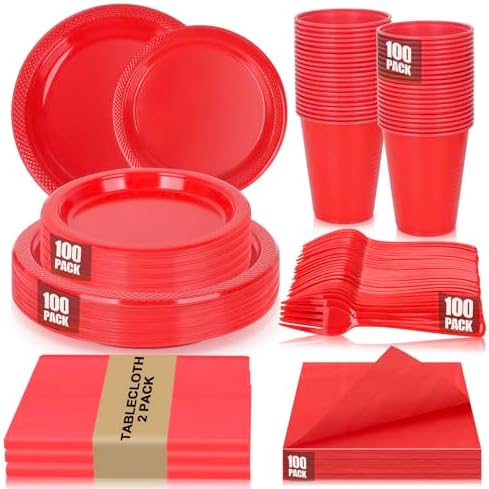 100 Guests Red Plastic Plates and Napkins Party Supplies for Birthday by UseOnceDoneRight