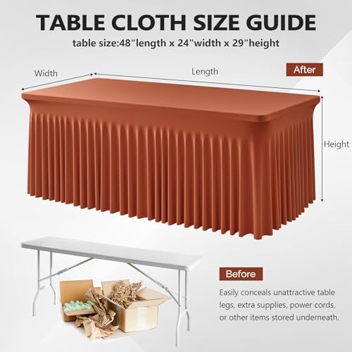 Wish Care 2 Pack Rust Spandex Table Clothes for 4 Foot Rectangle Tables, 4FT Wrinkle Free Fitted Tablecloths Ruffles Design Table Cloth for Party, Banquet, Wedding and Events - Image 3