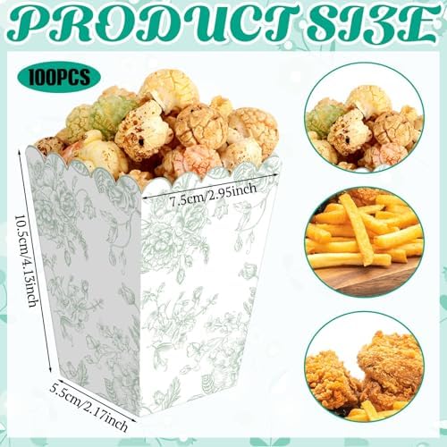 Gueevin 100 Pcs Green Floral Popcorn Boxes with Scalloped for Party 5.5 x 10.5 x 7.5 cm Mini Paper Popcorn Containers Bulk for Wedding Movie Night Decorations Bridal Baby Shower Party Supplies - Image 5