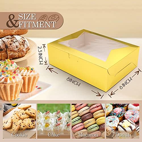 KPOSIYA 65 PCS 8x6x2.5 Inch Cookie Boxes with Window Gold Bakery Boxes Pastry Boxes for Gift Giving, Treat, Dessert, Cupcakes, Chocolate, Strawberries, Donuts, Muffins (5 Style Windows) - Image 2
