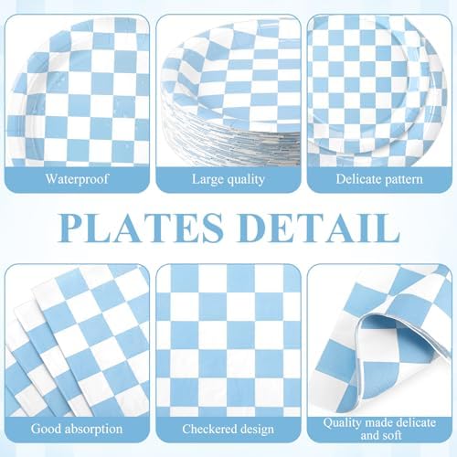Funnymoom 452 Pcs Light Blue and White Gingham Party Supplies for 50, Blue Checkered Gingham Paper Plates Napkins Cups Tablecloth Cutlery Straws for Baby Shower Picnic Camping Birthday Decoration - Image 2