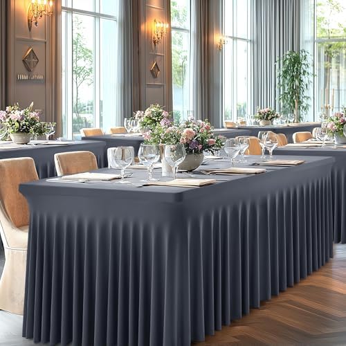 6 Packs Grey Table Clothes for 8 Foot Rectangle Tables, One-Piece Wrinkle Resistant Stretch Spandex Table Covers with Skirt for Event Banquet Wedding Birthday Party - Image 6