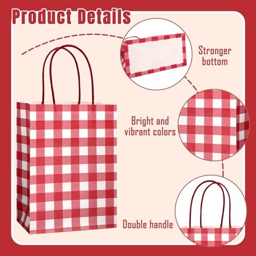 JarThenaAMCS 100Pcs Christmas Red White Checkered Kraft Paper Bag With Handles Gingham Treat Gift Bags Candy Goodie Bag for Baby Shower Birthday Party Favors Supplies - Image 3