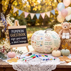 Domensi 9.8inch Pumpkin Baby Shower Guest Book Alternatives Baptism Party Decor Includes 12 Washable Markers & Mini Chalkboard Sign Alternative to Traditional Guest Books for Wedding Bridal Shower by Domensi