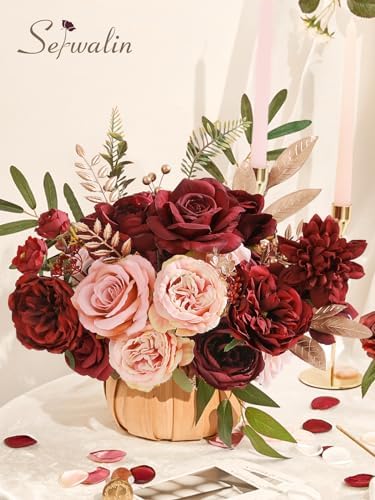 Serwalin Burgundy Pink Artificial Flowers, Fake Silk Flowers for Wedding - Image 3