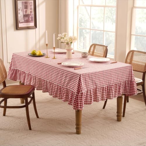 Romanstile Gingham Ruffled Tablecloth Rectangle, 60 x 120 Inch, Red - Image 2