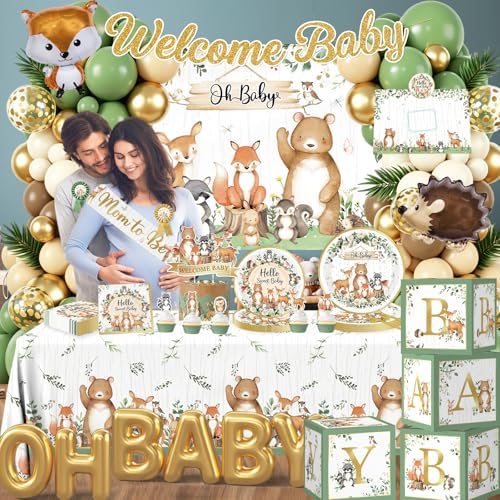Woodland Baby Shower Decorations,260pcs Woodland Animals Baby Shower Decorations With Plates and Napkins Cups Tablecloth Backdrop Balloon Arch Cake Toppers for Woodland Creatures Baby Shower Supplies - Image 4