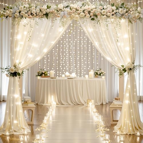 Shillance 20x10ft Ivory Chiffon Backdrop Curtain with Lights String for Wedding Sheer Tulle Curtain Photo Backdrops Drapes for Baby Shower Birthday Party Ceremony Decorations - Image 4