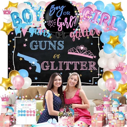 Hombae Guns or Glitter Gender Reveal Decorations, 169 PCs Boy or Girl Gender Reveal Decorations What Will Baby Be Backdrop Balloon Garland Banner Tablecloth Cake Cupcake Topper Cutout Poster Sash - Image 7