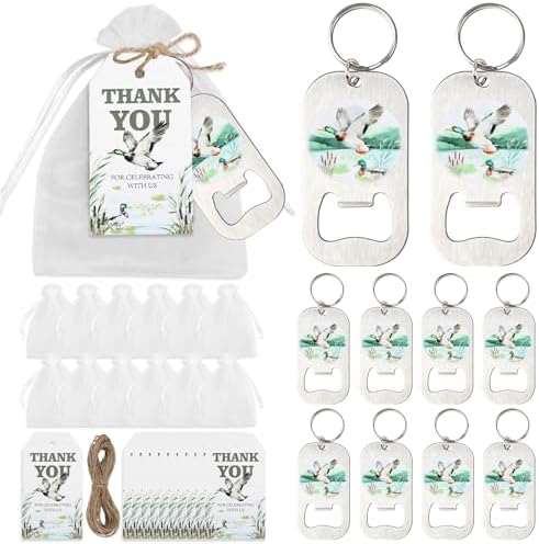 24 Sets Mallard Duck Baby Shower Bottle Openers Favors, Duck Hunting Baby Shower Bottle Openers Keychains Thank You Tags Organza Bags for Guest Gifts Souvenirs Duck Hunter Party Supplies by CORNERLACE