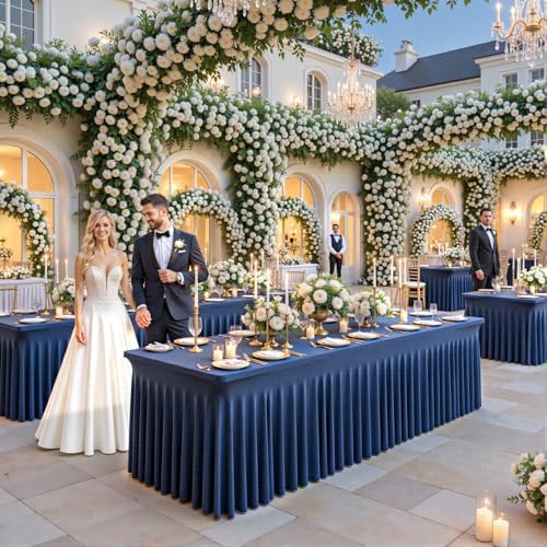 Suppromo 6ft Navy Blue Spandex Table Cloths for Rectangle Tables Wrinkle Free Rectangle Tablecloths Stretch Fitted Table Cover with Skirt for Birthday Party Wedding Banquet Baby Shower Buffet Event - Image 5