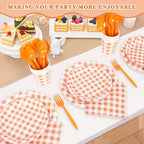 Vyntra 350-Pc Orange Gingham Paper Plates and Napkins Party Supplies - Image 7