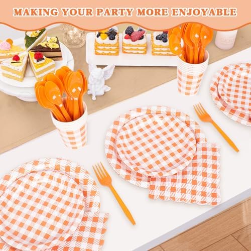 Vyntra 350-Pc Orange Gingham Paper Plates and Napkins Party Supplies - Image 7