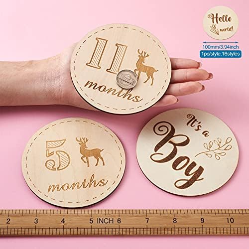 Craftdady 16pcs Wooden Baby Monthly Milestone Cards Newborn Birth Announcement Card Wood Discs for Infants Baby Showers Photography Props - Image 5