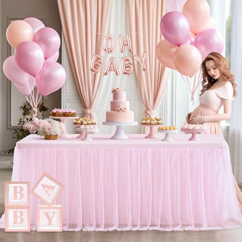 Pink Tablecloth for 6 Foot Rectangle Tables with Ruffle Tulle Table Skirt - Image 4