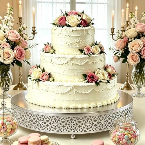 16 Inch Large Cake Silver tand,Hollow Floral Pattern Round Metal Dessert Stand, Elevated Display Tray for Wedding Receptions, Baby Showers, Birthday Parties, Home Tea Decor - Image 4