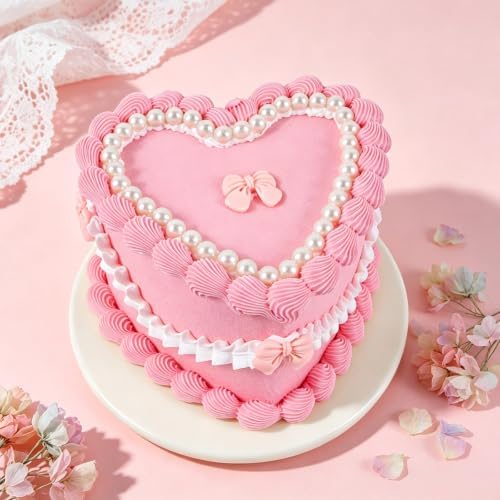 6 Inch Pink Bow Fake Cake, Heart Shaped Coquette Artificial Cake with Pearl Border, Reusable Faux Birthday Cake Prop for Wedding, Women's Birthday, Bridal Shower, Baby Shower, Anniversary Party Decor by Unknown