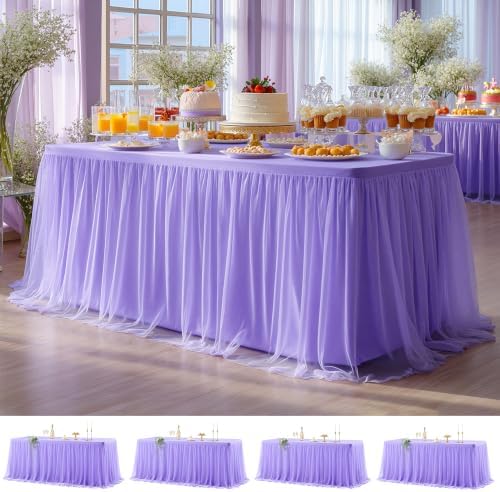 Wish Care 4 Pack Lavender Tulle Tablecloth for 6 Foot Rectangle Tables Stretch Fitted Rectangular Table Cloths Purple Wrinkle Free Ruffle Table Cover Tutu Skirt for Wedding Birthday Party Baby Shower by WishCare
