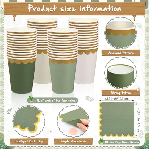 Mimorou 342 Pcs Sage Green Party Supplies Plates Napkins Cups - Image 4